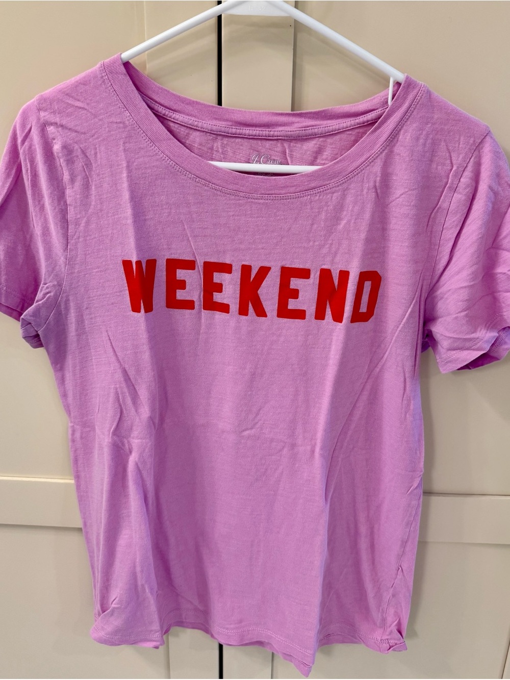 J. Crew Pink Tee with Red "WEEKEND" Graphic